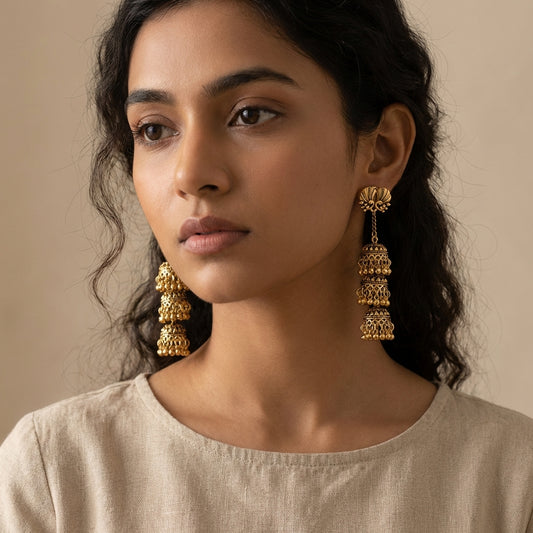 Saarika - Oxidized Triple Jhumka Earrings