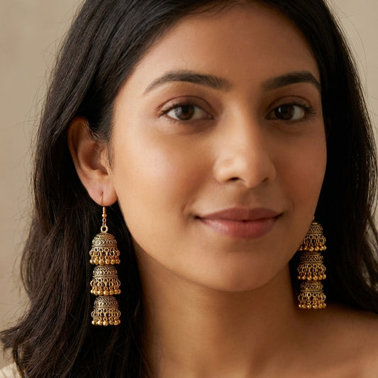 Triveni - Oxidized Triple Jhumka Earrings